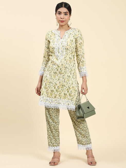 Samma Chikankari Co-ord set in Cotton for Women- Cream